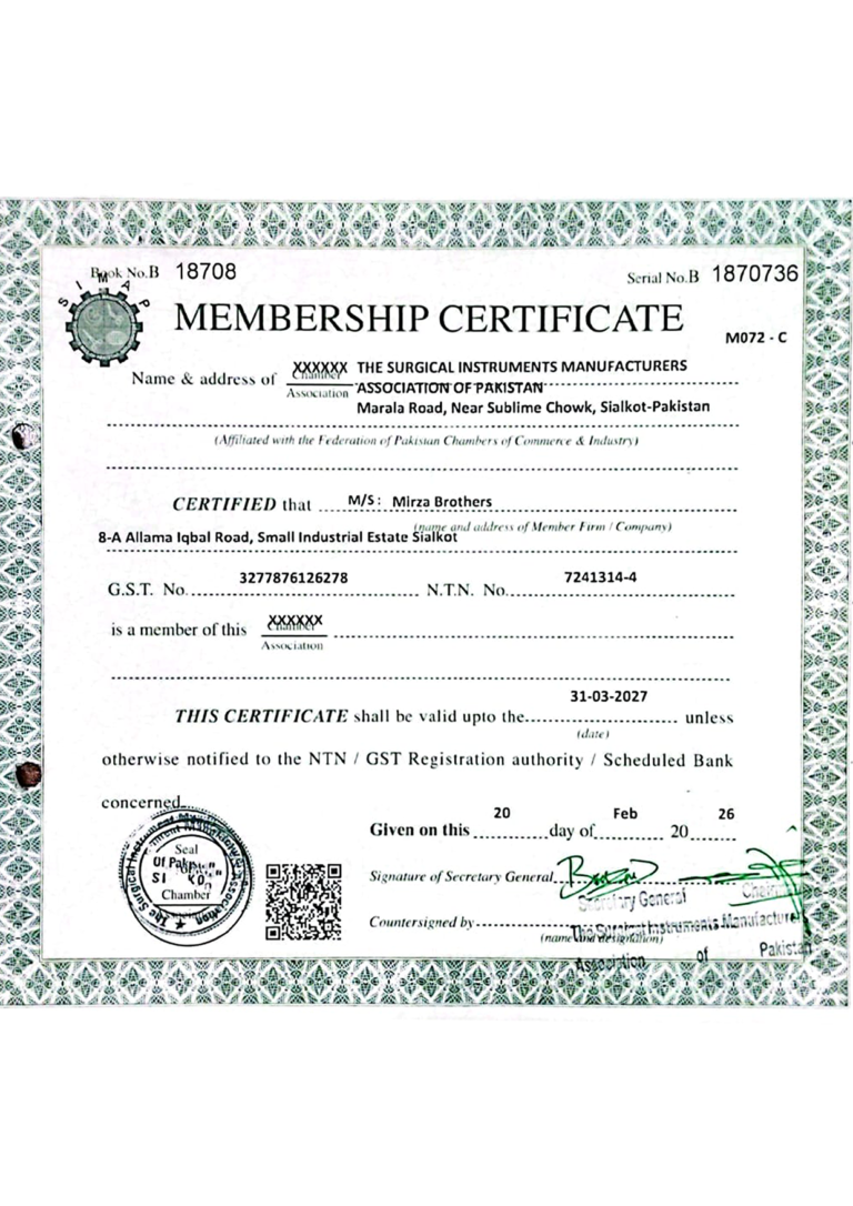 Surgical Instruments Manufacturers Association certificate – Mirza Brothers