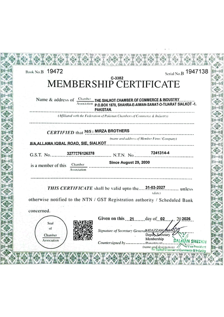 Sialkot Chamber of Commerce & Industry certificate – Mirza Brothers