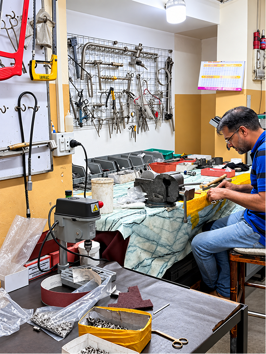 Instrument assembly workshop with tools on a pegboard wall