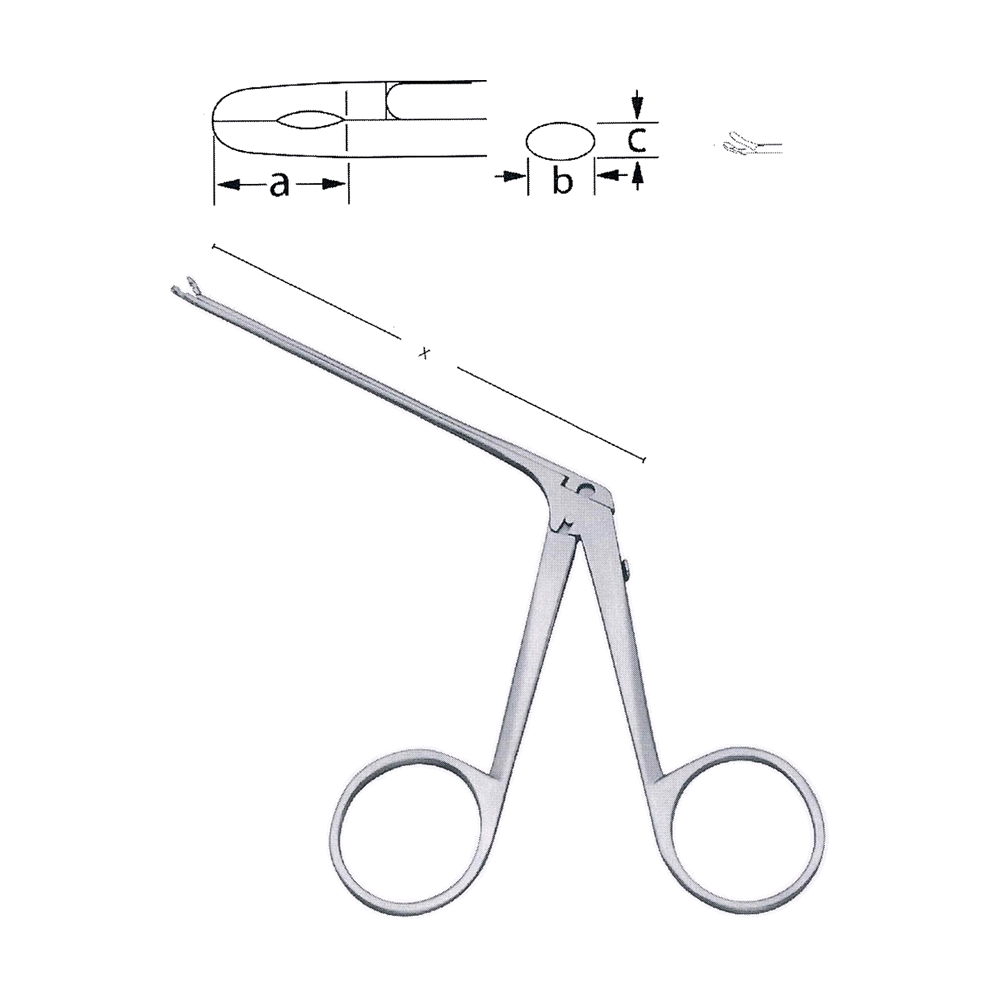 Micro Cup Forceps, X = 75 mm, 3", a = 4.0 mm, b = 1.0 mm, c = 0.9 mm, Curved to Right, Oval (MB10-137)