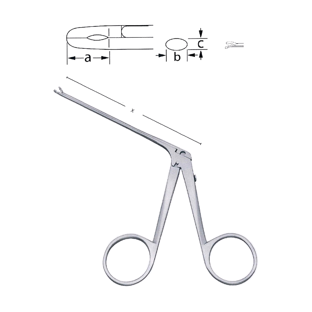 Micro Cup Forceps, X = 75 mm, 3", a = 4.0 mm, b = 1.0 mm, c = 0.9 mm, Curved Downwards, Oval (MB10-138)