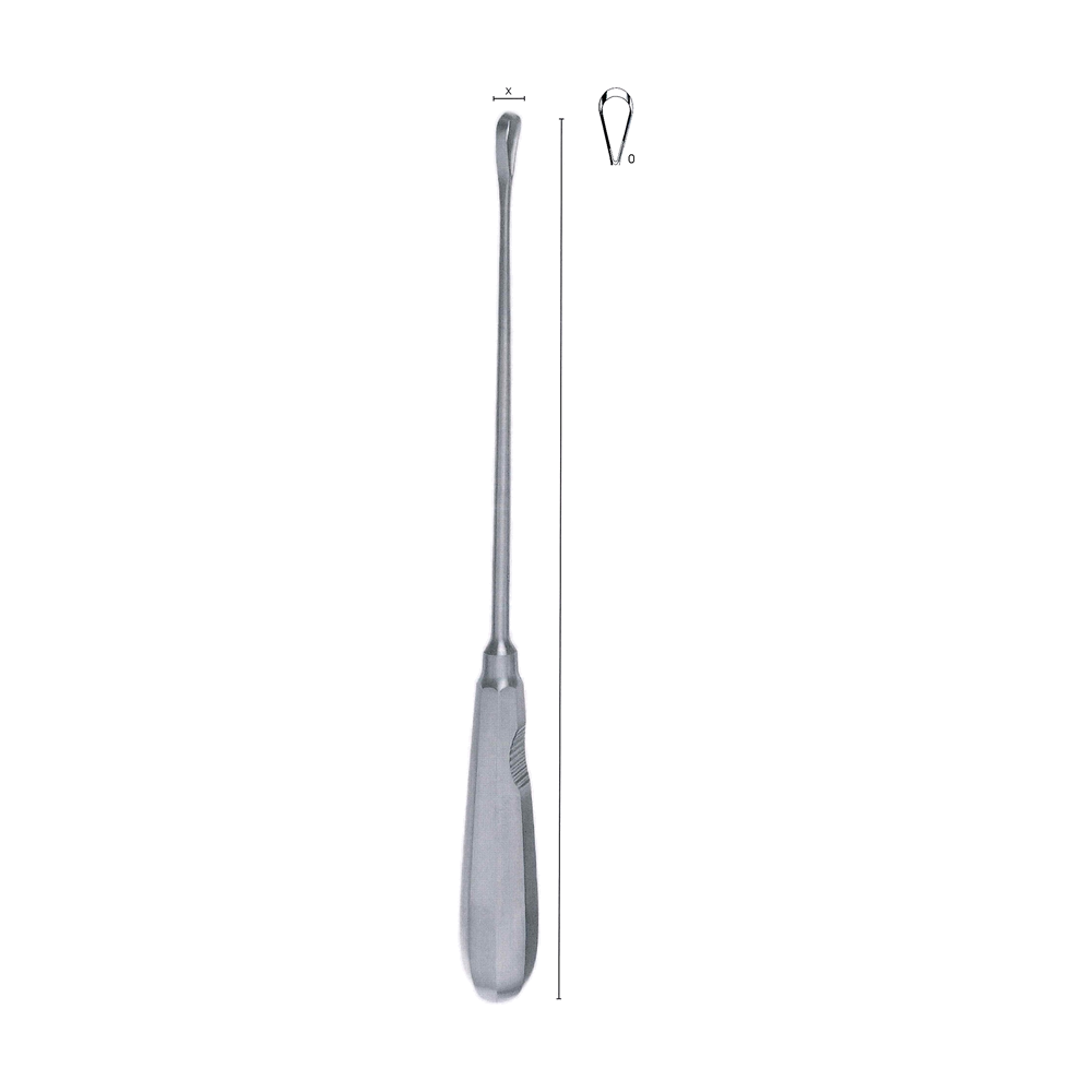 Recamier Uterine Curette y = 26.0 cm, 10 1/4″ – Fig. 0, x = 6 mm, Sharp, malleable (MB13-345)
