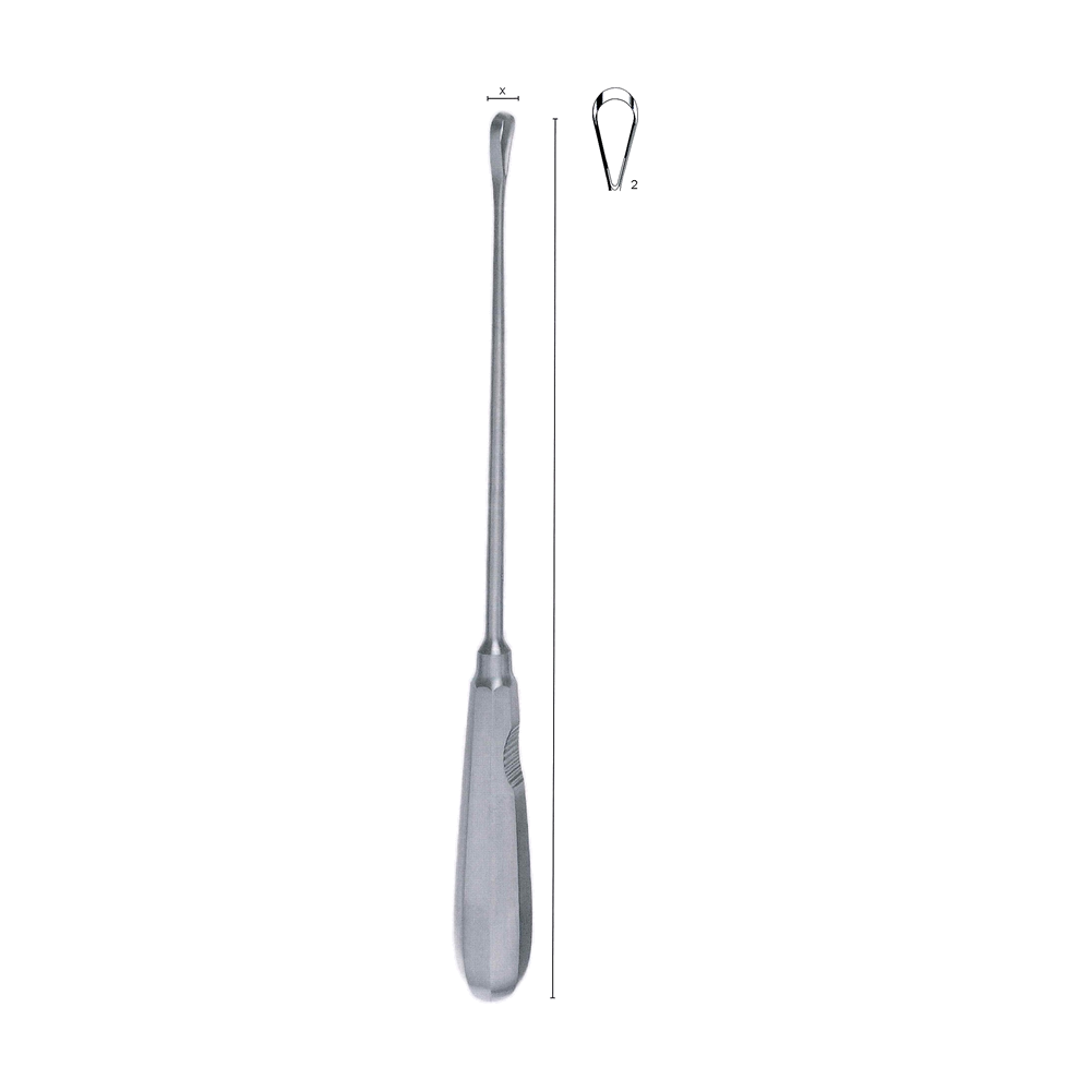 Recamier Uterine Curette y = 26.0 cm, 10 1/4″ – Fig. 2, x = 8 mm, Sharp, malleable (MB13-347)