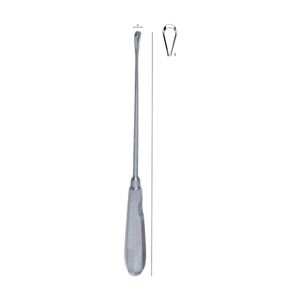 Recamier Uterine Curette y = 26.0 cm, 10 1/4″ – Fig. 3, x = 9 mm, Sharp, malleable (MB13-348)