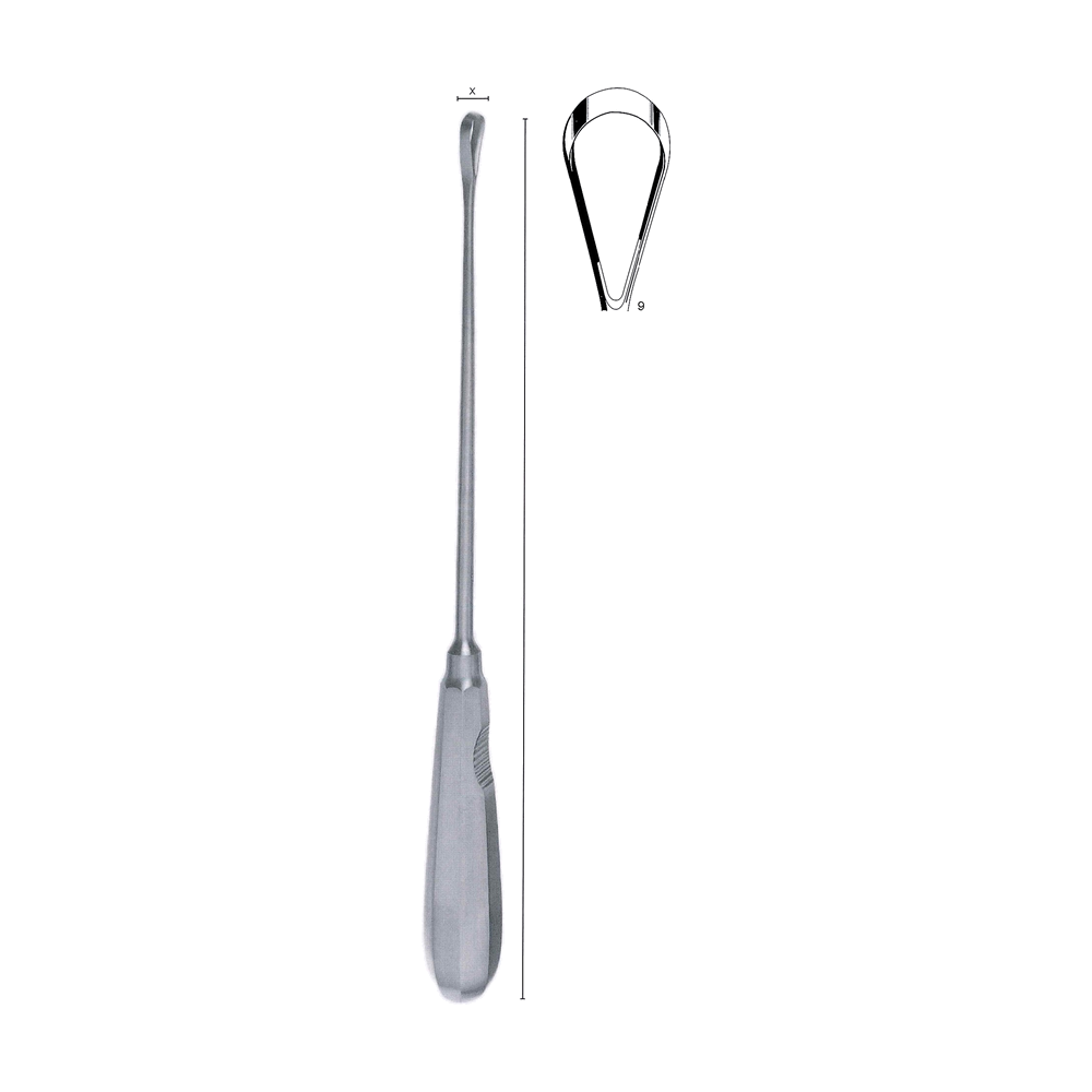 Recamier Uterine Curette y = 26.0 cm, 10 1/4″ – Fig. 9, x = 19 mm, Sharp, malleable (MB13-354)