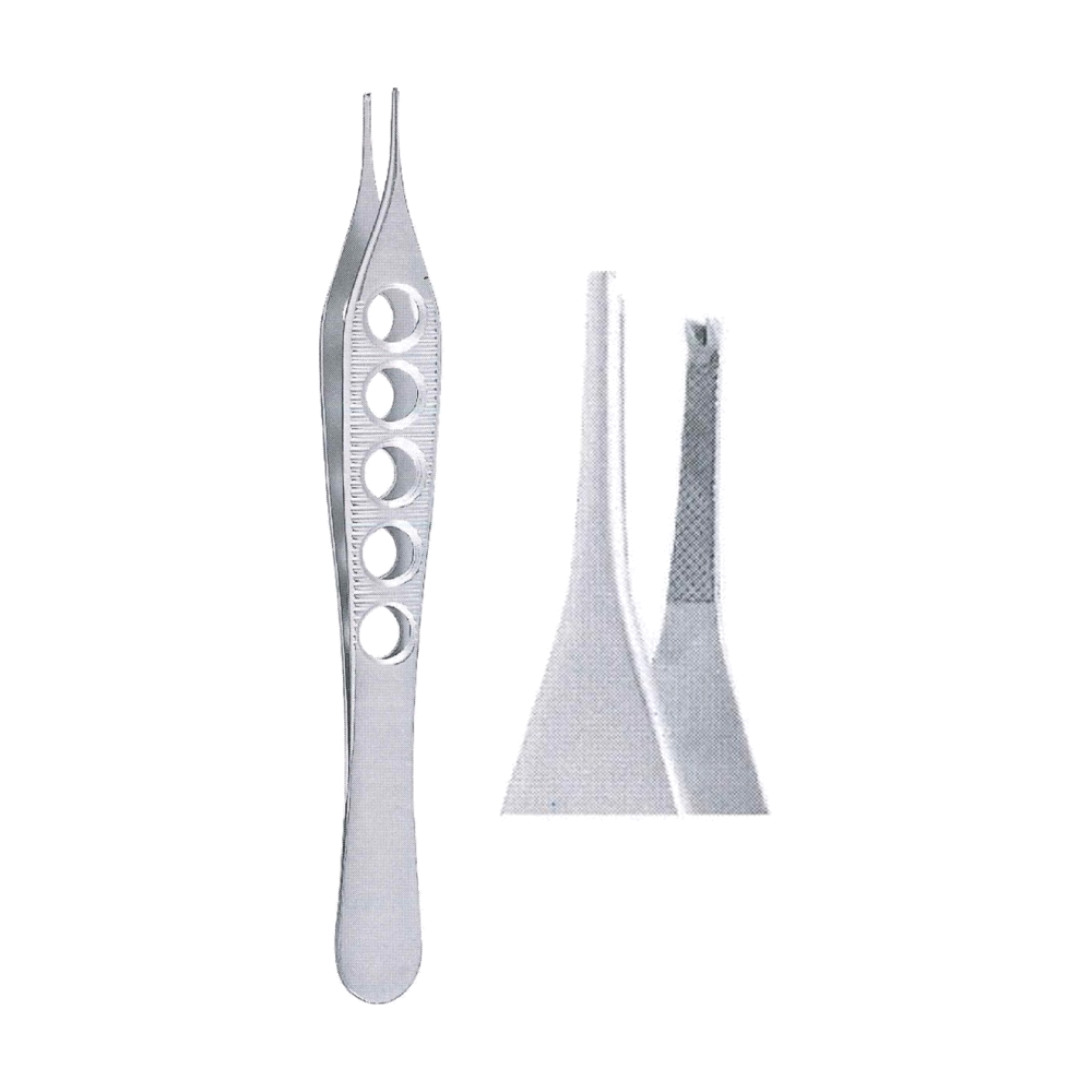 Adson Tissue Forceps with Fenestrated Handle 1x2 Teeth 12 cm, 4 3/4", Regular Point with Platform, Curved (MB5-206)