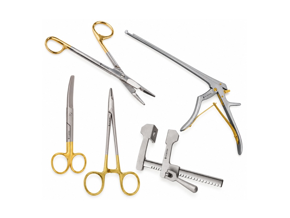 Surgical scissors, needle holders and a Kerrison rongeur